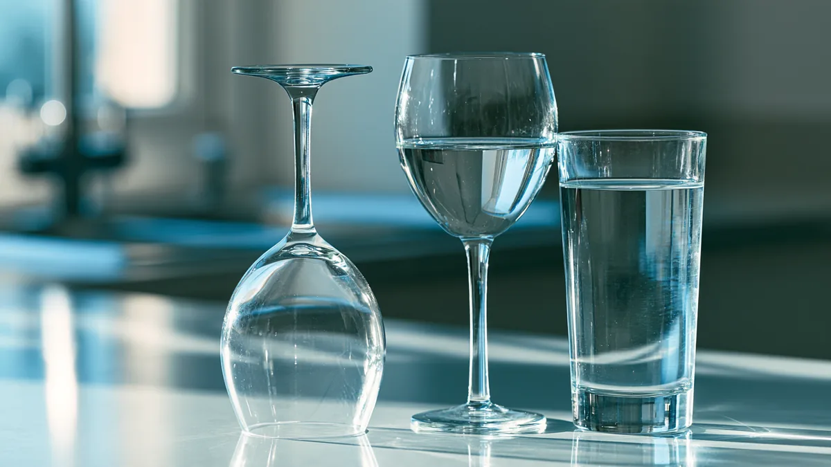 Verre à vin retourné à côté d'un verre d'eau sur un plan de travail clair, arrêt de l'alcool et foie