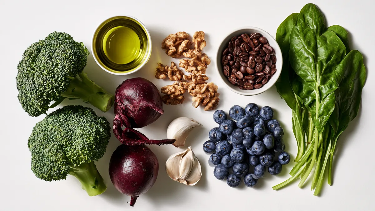 Brocoli, betterave, noix, huile d'olive, café et légumes verts disposés sur une surface blanche