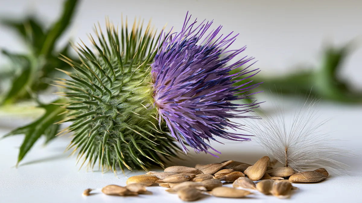 Fleur de chardon-marie violette et graines de silymarine sur une paillasse blanche