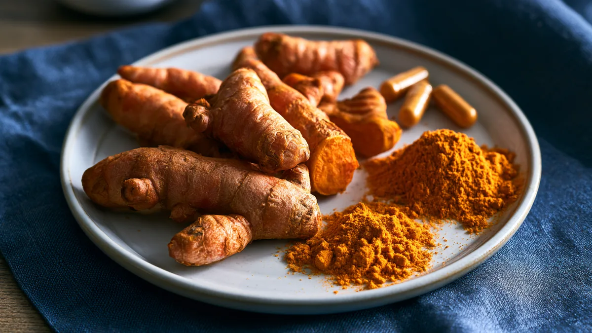 Rhizomes de curcuma frais et poudre dorée sur une assiette blanche à côté de gélules