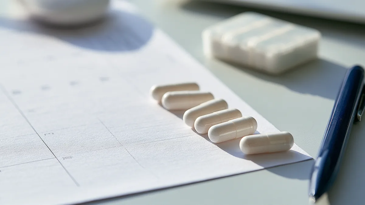 Calendrier papier et pilulier posés sur un bureau clair avec des gélules alignées