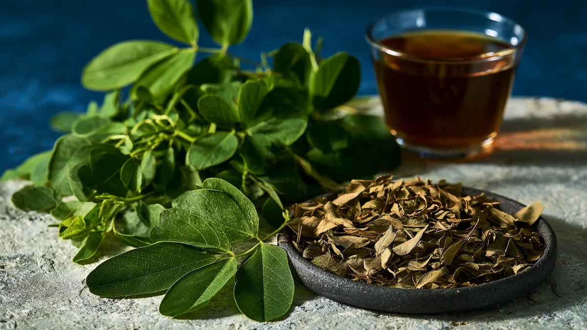 Feuilles vertes de desmodium fraîches et séchées à côté d'une infusion, plante hépatique traditionnelle