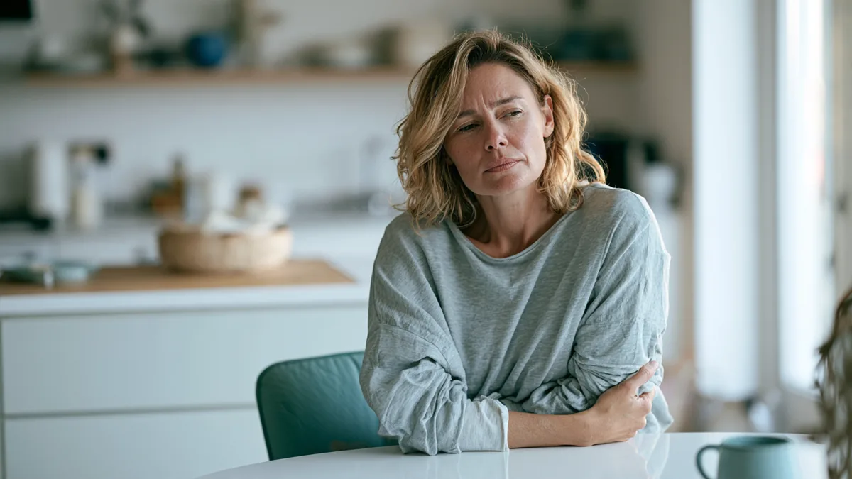 Femme fatiguée assise à une table de cuisine le matin, main près des côtes, symptômes attribués au foie encrassé