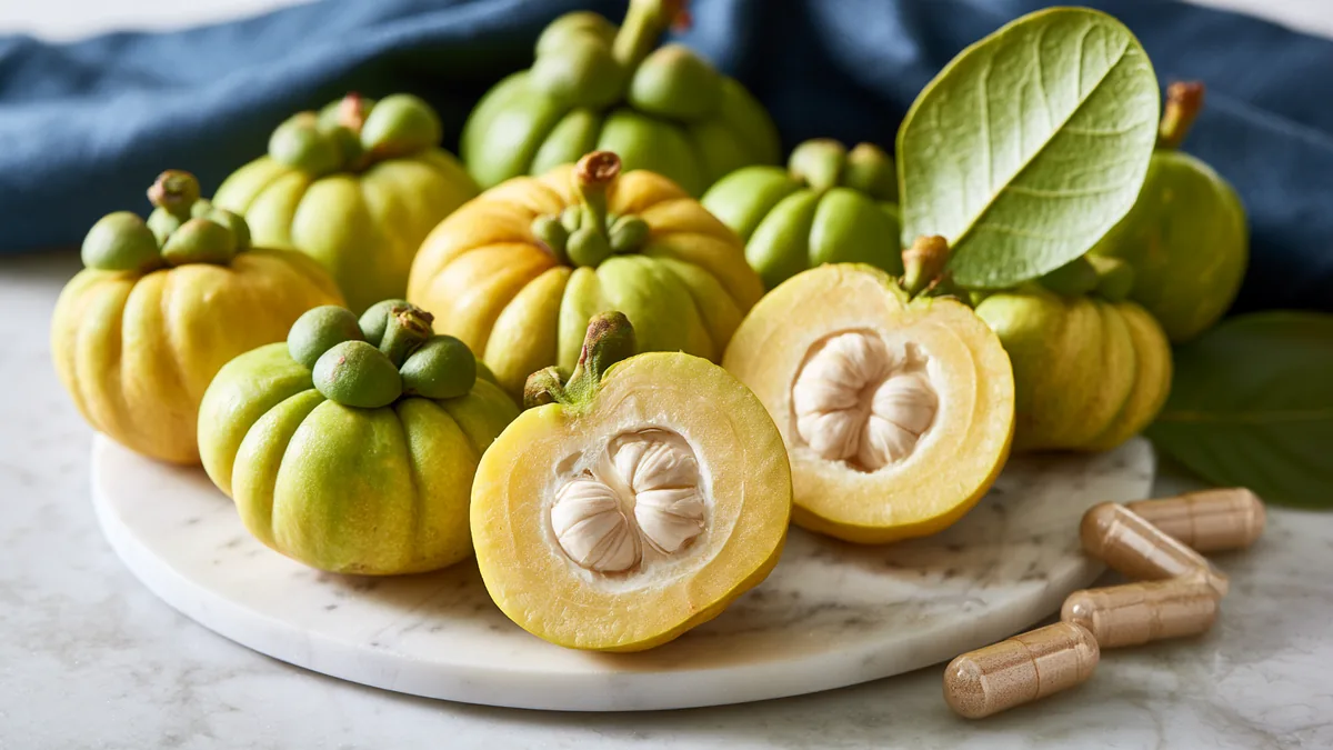 Fruits de garcinia cambogia entiers et coupés sur un plan de marbre blanc à côté de gélules
