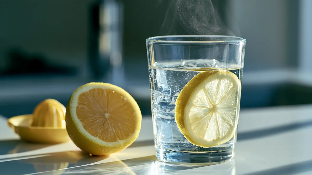 Verre d'eau tiède au jus de citron sur un plan de travail blanc dans la lumière du matin
