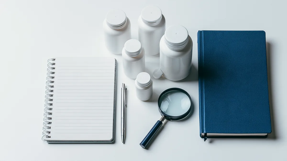 Bureau blanc vu de dessus avec des flacons de compléments, une loupe et un carnet