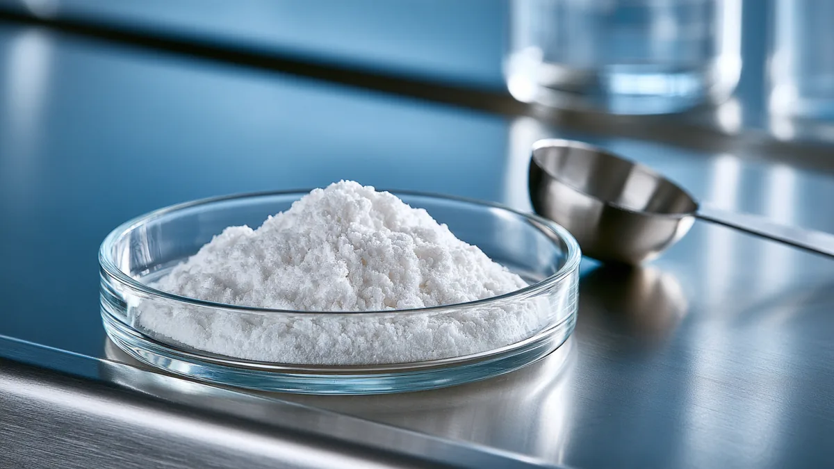 Poudre cristalline blanche de N-acétyl-cystéine dans une coupelle de verre sur une paillasse