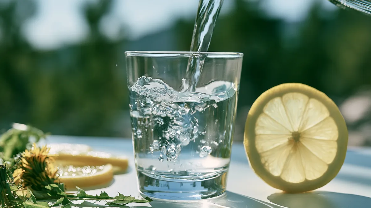 Eau claire versée dans un verre à côté de citron et de feuilles de pissenlit, image de nettoyage du foie